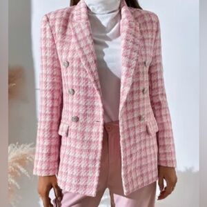 ZARA Pink Tweed Blazer Double Breasted Bouclé Jacket Structured Preppy Workwear
